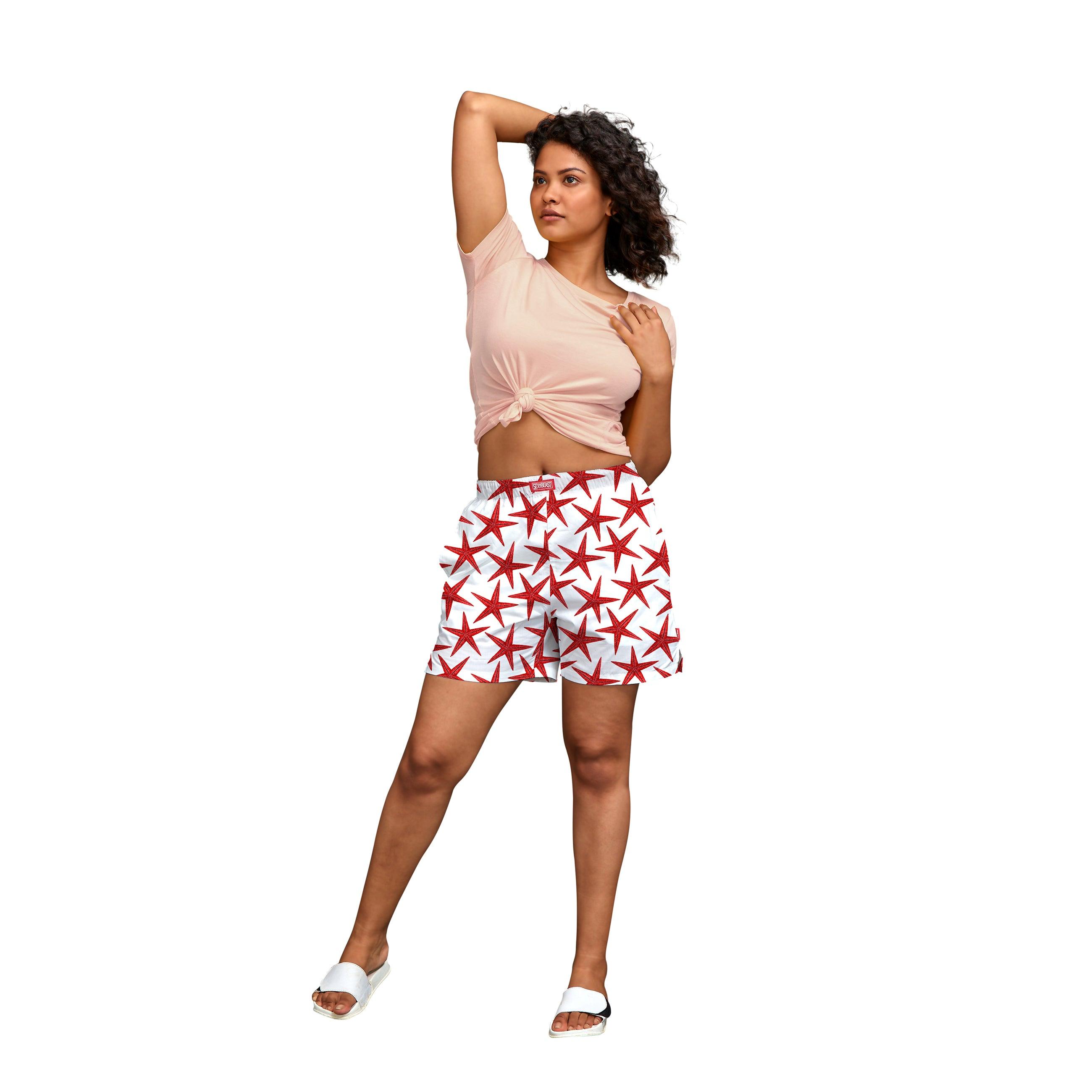 Red Starfish Boxer Shorts For Women